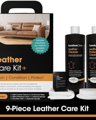 Furniture Clinic Large Leather Care Kit | Leather Cleaner + Conditioning Protection Cream for Furniture | Two 17oz Bottles + 1 Sponge & 1 Cloth | Restore Leather Couches, Car Seats, Jackets, & Boots