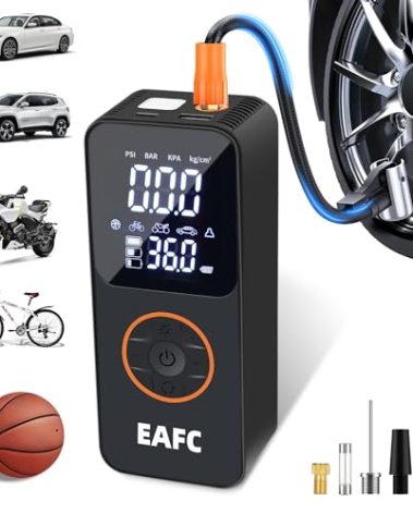 EAFC 150PSI Cordless Tire Inflator with LED Light - Portable Air Compressor Pump for Car, Bike, Motorcycle & Sports Balls, USB Rechargeable, 4 Preset Modes, Includes 4 Nozzles & Replacement Fuse