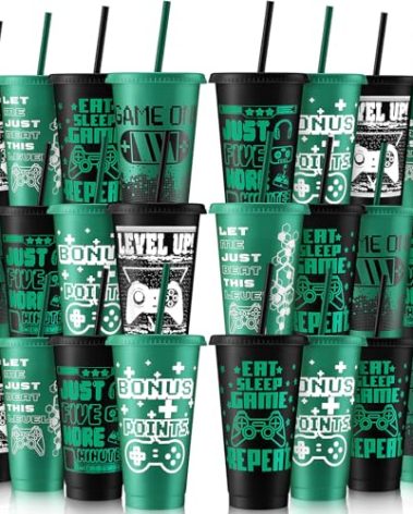 Mifoci Video Game Plastic Cups with Lids and Straws Reusable Tumbler with Lid and Straw Cute Iced Coffee Travel Cups Mug Water Bottle for Adult Kid Gaming Birthday Supplies(Green, Black,24 Pcs)