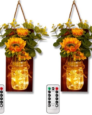 OurWarm Sunflower Wall Sconces Set of Two, Mason Jar Sconces Farmhouse Wall Decor Comes with Remote Control and Warm Toned LED Lights, Rustic Sunflower Decor for Home Kitchen Dining Room Living Room