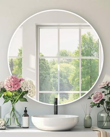 Mfring White Round Mirror, White Round Mirror 24 inch, Metal Frame, Circle Wall Mounted Mirrors for Bathroom, Living Room, Bedroom, Entryway, Vanity
