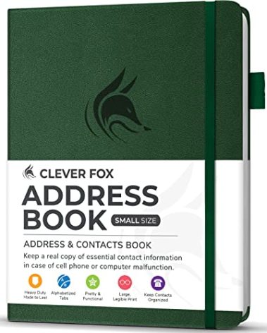 Clever Fox Address Book with alphabetic tabs - PU Leather Telephone and Address Book for Keeping Contacts Safe, Contact Organizer Journal, Small Size (4.0″ x 5.5″), Hardcover, Forest Green