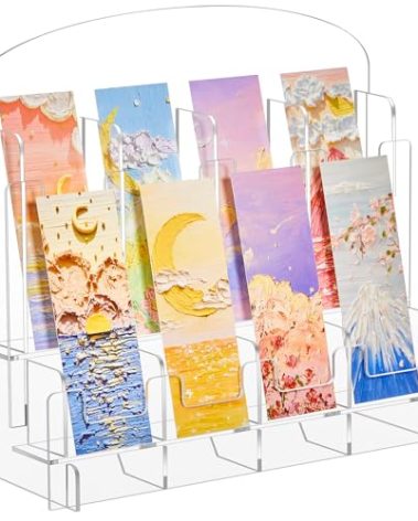 Yuntau Acrylic Bookmark Display, Adjustable 2. 2'' Bookmark Stand, Portable Sticker Holder, Curved Pockets Greeting Card Display for Business Vendor, Retail Store Shop(Detachable,8 Pockets)
