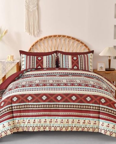 Dinjoy Red Boho Comforter Set Queen,7 Piece Bed in a Bag Queen Size Soft Aztec Bedding Sets with Sheets Bohemian Striped Bed Set Western Burgundy for Fall Winter 90"x90"