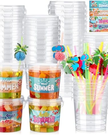 Widecook 34 Pack Drink Buckets Plastic Rum Cocktail Buckets with Lids and Straws Round Reusable Cups Decor Clear Food Ice Cream Container for Pool Birthday Hawaiian Party Supplies