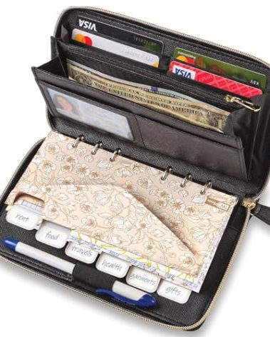 Cash Envelope Wallet All in One Budget System with 12x Tabbed Cash Envelopes, 12x Monthly Budget Cards,1x Yearly budget planner sheet Complete Money Organizer Set for Cash RFID Protection