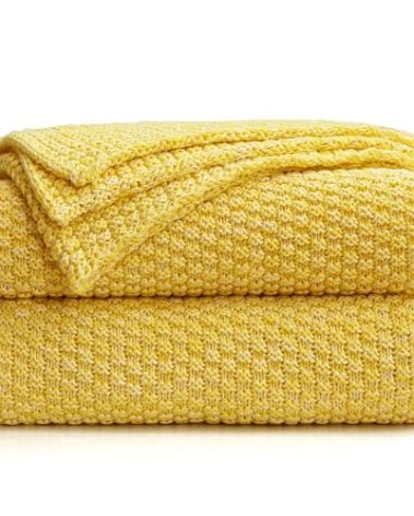 Longhui bedding Bright Yellow Knitted Throw Blanket for Couch, Soft, Cozy Machine Washable 100% Cotton Sofa Knit Blankets, Heavy 3.0lb Weight, 51 x 63 Inches, Yellow and White Color