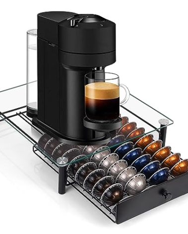 Tempered Glass Coffee Pod Drawer,Nespresso Vertuo Pod Holder Drawer for 40（1.35/2.7 floz) Vertuoline Pod, Nespresso Capsule Organizer Compatible with Vertuo Next Vertuo Plus,14.76"D x 12.99"W x 3.5"H
