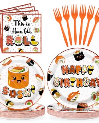 96Pcs Sushi Birthday Party Supplies Disposable Sushi Plates and Napkins Tableware Set Sushi Party Decorations for Kid Baby Shower Sushi Theme Birthday Party Carnival Japanese Party Decorations Serve24