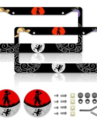 DGDRHZ Anime one License Plate Frames，Anime Piece Car Accessories for Women & Men，Cute License Plate Holder，Aluminum License Plate Frame Fits Standard US Vehicles Size 12.2 x 6 Inch (Black-2pcs)