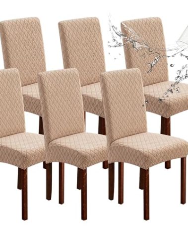 Genina 100% Waterproof Chair Covers for Dining Room Set of 6, Large Dining Room Chair Covers Protectors Stretch Kitchen Parson Chair Slipcovers for Home, Restaurant (Large, Argyle-Khaki)