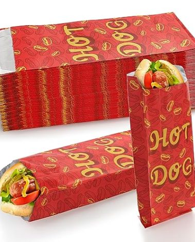 Yarlung 200 Pack Hot Dog Bags Grease-proof Food Wrapper, Warming Aluminum Foil Wrap Paper Sleeves Retain Heat for Popcorn, Sausages, Snack Bars, Food Trucks, Carnival, 9.5x3.5x1.5 Inches