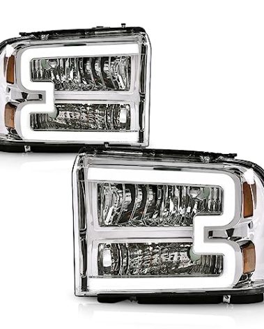 LQI Headlight Assembly LED DRL Compatible with Ford F250 F350 F450 F550 2005-2007 /Fit Ford Excursion 2005 Headlamps Clear lens Chrome Houing Amber Reflector