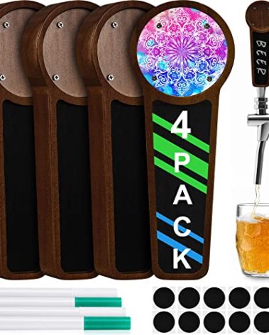 Marsui 4 Pcs Wooden Chalkboard Beer Tap Handle for Kegerator with Changeable Logo and 4 Pen for Bar Restaurant Wedding Brewery Craft Display Beer Lovers Homebrew (Dark Brown)