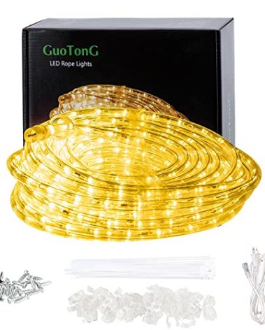 GUOTONG 50ft/15m Plug in LED Rope Lights, 540 Warm White LEDs, 110V, Waterproof, Connectable,Power Socket Connector Fuse Holder, Indoor/Outdoor Use, Ideal for Backyards, Decorative Lighting