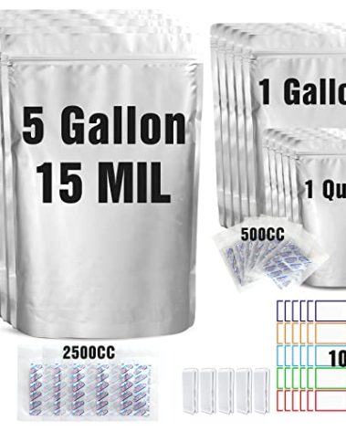 15 Mil 5 Gallon Mylar Bags for Food Storage with 2500cc Oxygen Absorbers - 55 Pack Mylar Bags Include 5 Gallon, 1 Gallon,1 Quart, 100 Pcs Labels and 500cc Oxygen Absorbers for Long Term Food Storage