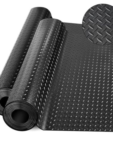 Diamond-Plate Rubber Flooring Rolls, 21FT *16IN Garage Floor Mat, 4 * 7Ft Cover Area PVC Garage Flooring Roll for Garage Floor, RV Trailer Flooring, Water/Stain Resistant Parking Mat Black(1Pcs)