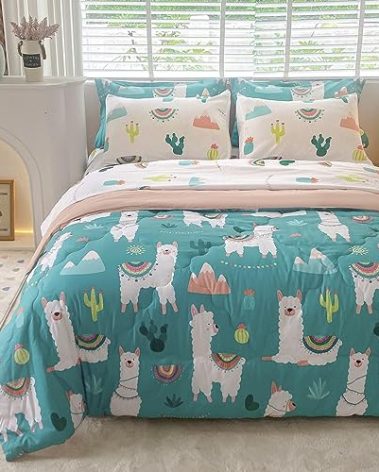 Wajade Kids Cute Llama Comforter Set Bed in A Bag Full Size 7 Piece Green Alpaca Tropical Plant Bedding Set for Girls Boys (1 Comforter, 1 Flat Sheet, 1 Fitted Sheet, 2 Pillowcase and 2 Pillow Sham)