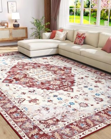 Amearea Vintage Design Area Rugs for Living Room, 5x8 Machine Washable Floral Collection Traditional Bedroom Rug, Low Pile Cute Kids Room Print Carpet, No Slip Office Kitchen Home Decor, Red