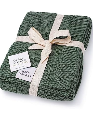 Sweet Acorn Knit Baby Blanket in Elegant Pattern, Organic Cotton Blankets for Crib or Stroller, Receiving Blankets - Juniper Green