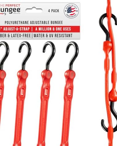 The Perfect Bungee 36" Adjust-A-Strap, Adjustable Heavy Duty Polyurethane Bungee Strap, Heavy Duty Nylon Hooks, Made in the USA, 4 Pack, Red