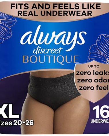 Always Discreet Boutique Incontinence and Postpartum Underwear for Women, Maximum Protection, Extra Large, Black, 16 Count
