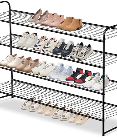 AOODA 4 Tier Long Metal Shoe Rack for Closet Wide Stackable Shoe Storage Organizer for Entryway, Bedroom, Floor, Holds 30 Pairs Men Sneakers Large Boot Shelf with Wire Grid, Black
