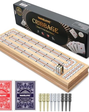 Vamslove Magnetic Cribbage Board 15'' Wooden Folding 3 Track Game Set, w/Instruction, Storage Slots for 2 Playing Cards/Pegs, Card Games for Travel Family Night