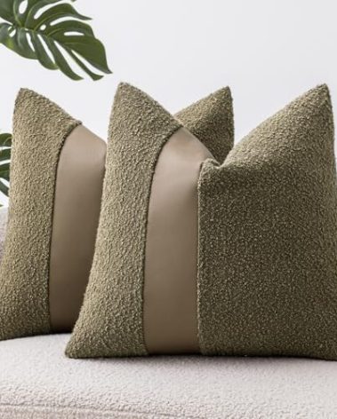 SINYASAN 20"x20" Moss Green Boucle Throw Pillow Covers with Faux Leather Accents Set of 2 Fluffy Textured Decorative Pillow Cases for Couch Bed Boho Farmhouse Square Cushion Covers for Nordic Home