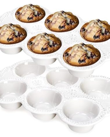 Hiceeden 2 Pack 6-Cup Ceramic Muffin Pan, Nonstick Cupcake Baking Pans with Handle, Ceramic Muffin Tin with Embossed Pattern for Muffin, Cupcake, White