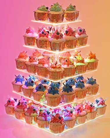 YestBuy Cupcake Stand – 5 Tier Premium Cupcake Holder – Acrylic Cupcake Tower Display – Cady Bar Party Décor – Acrylic Display for Pastry + LED Light String – Ideal for Weddings, Birthday (Colorful)