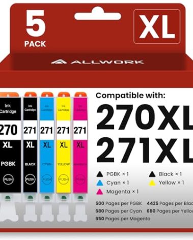 ALLWORK 270 271 Compatible Ink Cartridge Replacement for Canon PGI-270XL CLI-271XL to use with PIXMA MG6820 MG6821 TS6020 TS5020 MG7720 TS9020 (PGBK Black Cyan Magenta Yellow) 5 Packs
