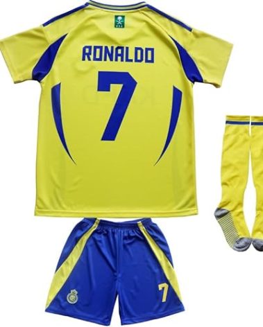 Sir Henry NASSR Riyadh Al Home #7 2024/2025 Kids Soccer Jersey/Shorts/Socks Gift Set for Fans Youth Sizes (Yellow/Blue,28)