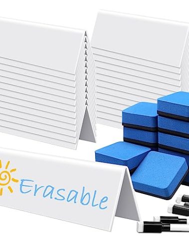 Seajan 24 Sets Reusable Name Tent Cards with Black Dry Erase Markers and Eraser Dry Erase Name Tents for Meetings White Name Plate for Weddings Classroom Office, 8.66 x 1.97 x 2.76 Inch