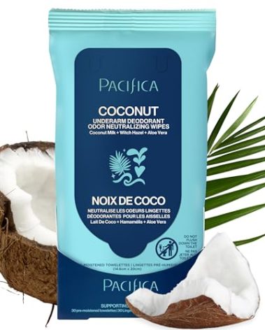Pacifica Beauty Coconut Milk & Essential Oils Underarm Deodorant Wipes, Helps Remove Odor, Aluminum-Free, Vegan & Cruelty-Free, 30 Wipes (1-Pack)