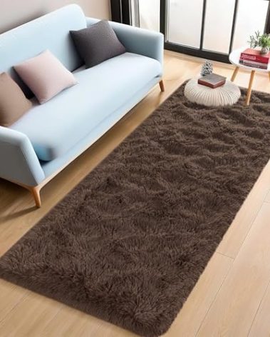 FALARK 2x6 Bedside Runner Rug, Dark Brown Hallway Area Rugs for Bedroom, Fluffy Fuzzy Furry Washable Carpet, Non Slip Plush Soft Carpets for Entrance Kitchen Laundry Living Room Decor