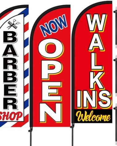 Hillsuren 3 Set Feather Flag Pole Kit 7 ft Walk Ins Welcome Flag Barber Shop/Now Open Grand Opening Advertising Banners with Poles and Ground Spikes Salon Sign for Salon Outdoor Supplies