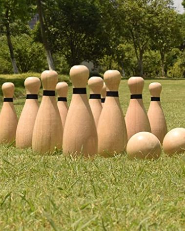 NI-ROU Outdoor Giant Lawn Bowling Games Wooden Lawn Set Fun Sports Games Outside or Indoor for Family Adults and Kids Backyard Skittles Carrying Bag with 10 Pins and 2 Balls