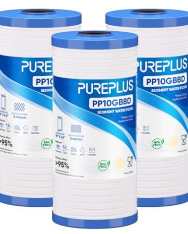 PUREPLUS AP810 Whole House Grooved Sediment Water Filter, Replacement Cartridge for 3M Aqua-Pure AP810, AP811, AP801, AP801-C, AP801T, AP801B, Whirlpool WHKF-GD25BB,WHKF-DWHBB,5 Micron 10"x4.5", 3Pack