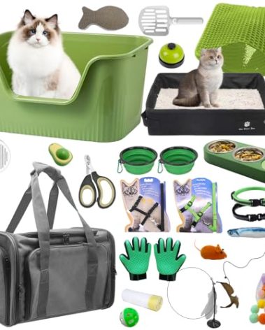 Cat Starter Kit 37pcs Essentials & Suuplies - Included Cat Litter Box, Pet Carrier Bag, Grooming Tools, Catnip Toys and More Stuffs for All Life Stages Pets Indoor Outdoor
