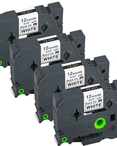 4-Pack TZE-231 P-Touch Brother Label Maker Tape Replacement for tze Tape 12mm 0.47 Laminated White,Laminated Compatible Label Maker,for PT-1010, PT-1010B, PT-1010NB, PT-1010R, PT-1010RDT, PT-1010S