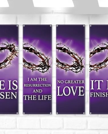 Hosuly 4 Pcs Easter Church Banners with Scripture Purple Easter Religious Banner for Sanctuary Wall Worship Bible Verse Crown of Thorns Religious Praise Hanging Signs for Church Event Decor