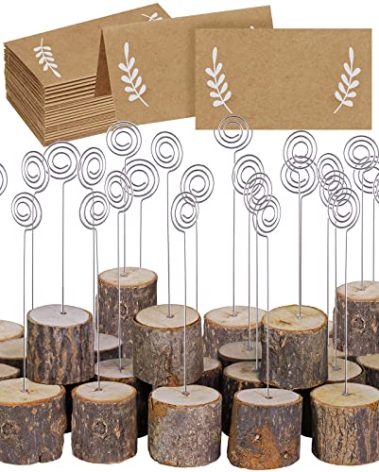 30 Pcs Rustic Wood Place Card Holders with Swirl Wire Wooden Bark Memo Holder Stand Card Photo Picture Note Clip Holders 5.8" and Kraft Place Cards Bulk for Wedding Party Table Number Name Sign