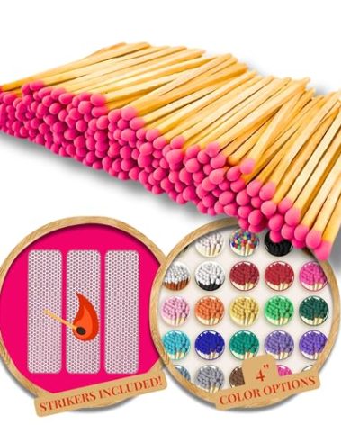 4" Long Pink Color Matches (100 Count) | Colorful Loose 4 Inch Wooden Safety Match Sticks for Candle Display | Refill for Matchstick Jars, Holders & Bottles | Striker Included