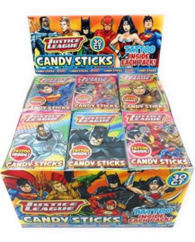 Justice League Superhero Candy Sticks With Tattoo | Great For Kids Party Favors and Goodie Bags | 30 Packs Per Box | Includes 5 Superhero Stickers | By Amazing Snack Packs