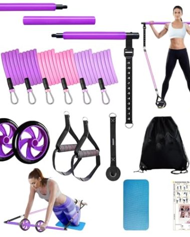 Pilates Bar Kit with Resistance Bands for Working Out, Pilates Equipment with Ab Roller for All Fitness Levels, Portable Home Gym Full Body Workout Equipment for Women&Men