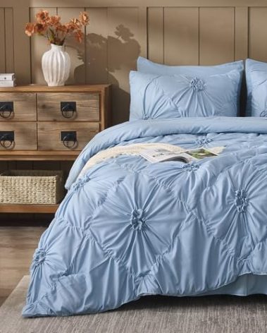 Jameswish Sky Blue Comforter Set King Size Bed in A Bag 7 Piece Pinch Pleat Bedding Set, Pintuck Ruched Flowers Bed Set with Comforter, Sheets, Pillowcases & Shams