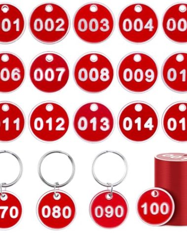 1-100 Numbered Key Tags, Round Metal Tags, Key Chain Labels, Key Tag for Home, Office and Garage, Dorm Keys, House Lockers (Red)
