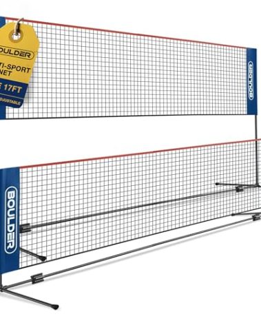 BOULDER Portable Badminton Pickleball Net - Foldable / Extendable Poles for Multiple Sports Heights (UP to 5 ft) - Ideal for Tennis, Pickleball, Soccer Tennis - Easy Setup (Blue, 17 FT)