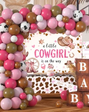 Little Cowgirl Baby Shower Decorations - Pink Western Girl Baby Shower Decorations with Cowgirl Balloons Arch, A Little Cowgirl is on The Way Backdrop & Tablecloth, BABY Boxes and CowGirl Cake Toppers